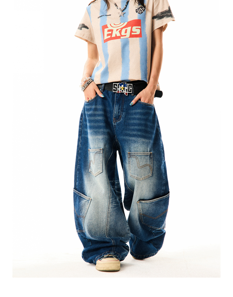 Retro Deconstructed Wide-Leg Denim Pants for Women - Three-Dimensional Silhouette, Multi-Pocket, Loose Fit, Y2K Style Retro Deconstructed Wide-Leg Denim Pants for Women - Three-Dimensional Silhouette, Multi-Pocket, Loose Fit, Y2K Style