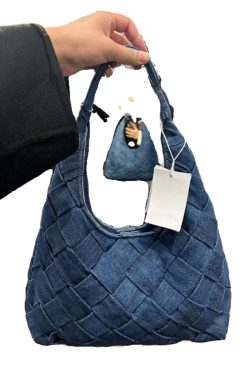 Retro Denim Blue Woven Tote Bag - Large Capacity Underarm Shoulder Handbag for Casual Everyday Use