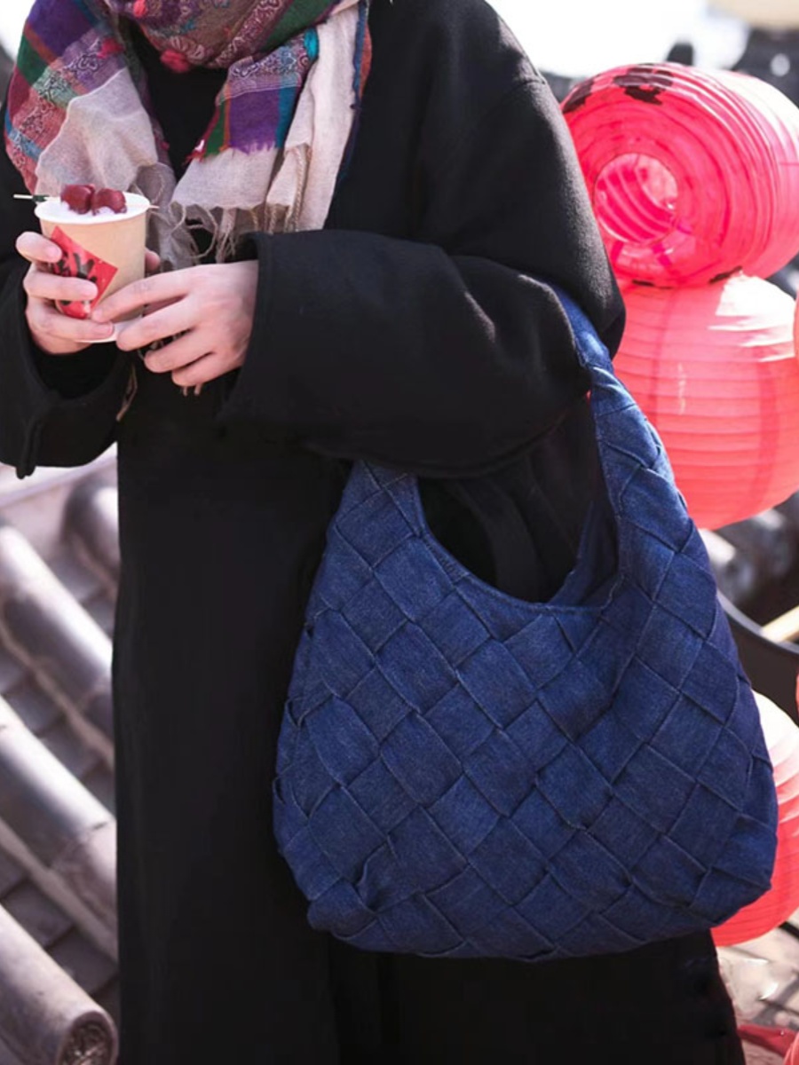 Retro Denim Blue Woven Tote Bag - Large Capacity Underarm Shoulder Handbag for Casual Everyday Use Retro Denim Blue Woven Tote Bag - Large Capacity Underarm Shoulder Handbag for Casual Everyday Use