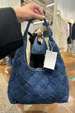 Retro Denim Blue Woven Tote Bag - Large Capacity Underarm Shoulder Handbag for Casual Everyday Use