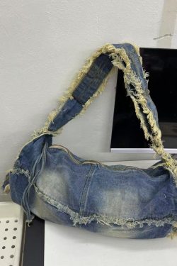 Retro Denim Shoulder Bag - Lazy Style Round Tube, Washed Frayed Tassel, Large Capacity Crossbody Canvas Bag for Commuting