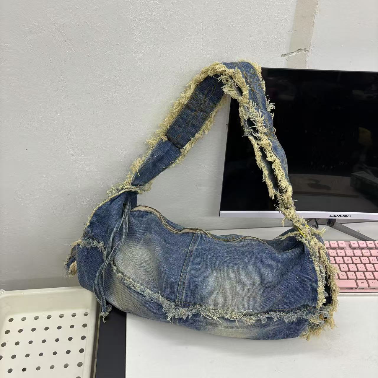 Retro Denim Shoulder Bag - Lazy Style Round Tube, Washed Frayed Tassel, Large Capacity Crossbody Canvas Bag for Commuting Retro Denim Shoulder Bag - Lazy Style Round Tube, Washed Frayed Tassel, Large Capacity Crossbody Canvas Bag for Commuting