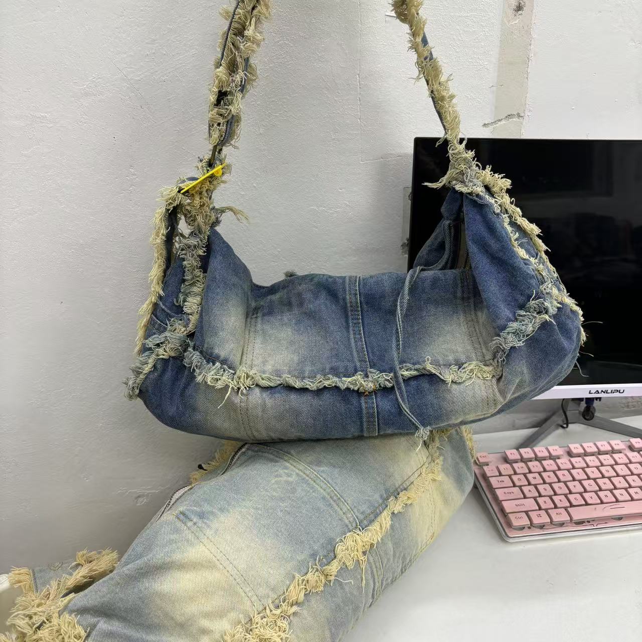 Retro Denim Shoulder Bag - Lazy Style Round Tube, Washed Frayed Tassel, Large Capacity Crossbody Canvas Bag for Commuting Retro Denim Shoulder Bag - Lazy Style Round Tube, Washed Frayed Tassel, Large Capacity Crossbody Canvas Bag for Commuting