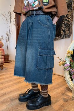 Retro Denim Work Capris with Cat Whiskers, Big Pockets, Embroidery, Wide-Leg Loose Fit Pants for Casual Y2K Style