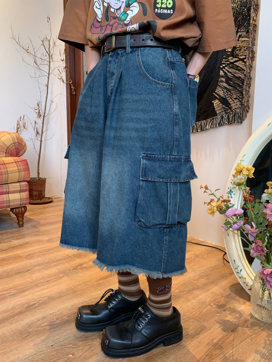 Retro Denim Work Capris with Cat Whiskers, Big Pockets, Embroidery, Wide-Leg Loose Fit Pants for Casual Y2K Style Retro Denim Work Capris with Cat Whiskers, Big Pockets, Embroidery, Wide-Leg Loose Fit Pants for Casual Y2K Style
