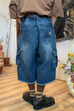 Retro Denim Work Capris with Cat Whiskers, Big Pockets, Embroidery, Wide-Leg Loose Fit Pants for Casual Y2K Style
