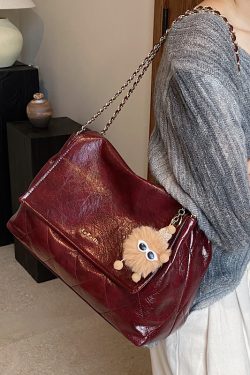 Retro Diamond Quilted Chain Shoulder Bag - Large Oil Wax Leather Handbag for Women, Trendy 2025 Casual Commuter Tote