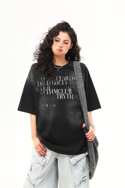 Retro Distressed Letter Short-Sleeve T-Shirt for Women – Summer Loose Fit Versatile Casual Top, Vintage American Style