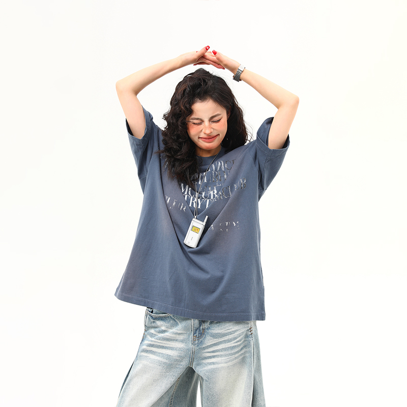 Retro Distressed Letter Short-Sleeve T-Shirt for Women – Summer Loose Fit Versatile Casual Top, Vintage American Style Retro Distressed Letter Short-Sleeve T-Shirt for Women – Summer Loose Fit Versatile Casual Top, Vintage American Style