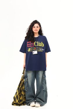 Retro Double Collar Letter Short-Sleeve T-Shirt for Men and Women, Pure Cotton Round Neck Couples Tee, Vintage American Style