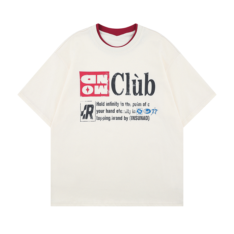 Retro Double Collar Letter Short-Sleeve T-Shirt for Men and Women, Pure Cotton Round Neck Couples Tee, Vintage American Style Retro Double Collar Letter Short-Sleeve T-Shirt for Men and Women, Pure Cotton Round Neck Couples Tee, Vintage American Style