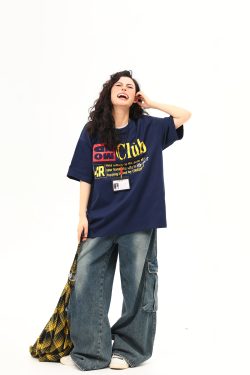 Retro Double Collar Letter Short-Sleeve T-Shirt for Men and Women, Pure Cotton Round Neck Couples Tee, Vintage American Style