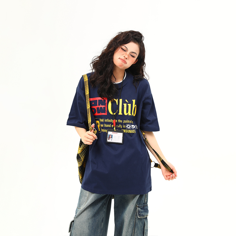 Retro Double Collar Letter Short-Sleeve T-Shirt for Men and Women, Pure Cotton Round Neck Couples Tee, Vintage American Style Retro Double Collar Letter Short-Sleeve T-Shirt for Men and Women, Pure Cotton Round Neck Couples Tee, Vintage American Style