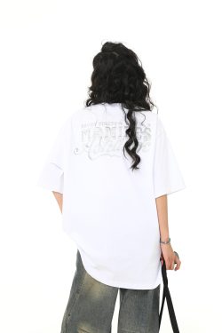 Retro Embroidered Letter Short-Sleeve T-Shirt for Men and Women, Oversized Couple Style, Vintage 90s American Fashion