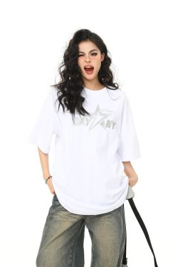 Retro Embroidered Letter Short-Sleeve T-Shirt for Men and Women, Oversized Couple Style, Vintage 90s American Fashion