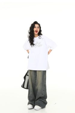 Retro Embroidered Letter Short-Sleeve T-Shirt for Men and Women, Oversized Couple Style, Vintage 90s American Fashion