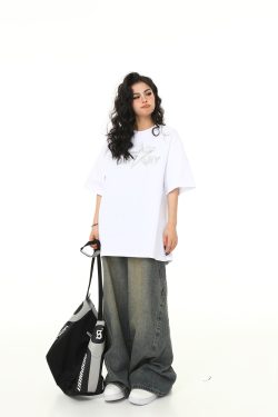 Retro Embroidered Letter Short-Sleeve T-Shirt for Men and Women, Oversized Couple Style, Vintage 90s American Fashion