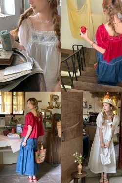 Retro Embroidered Square Neck Puff Sleeve Top and Women's Summer Ramie Half Skirt Set - Vintage Style Outfit