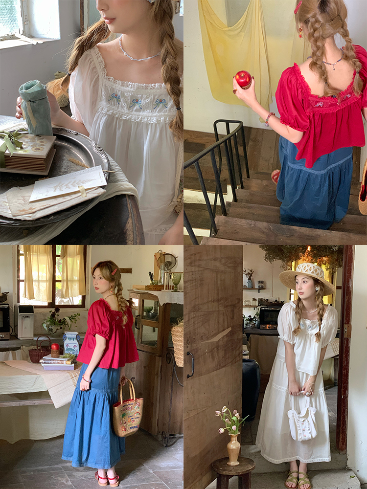 Retro Embroidered Square Neck Puff Sleeve Top and Women's Summer Ramie Half Skirt Set - Vintage Style Outfit Retro Embroidered Square Neck Puff Sleeve Top and Women's Summer Ramie Half Skirt Set - Vintage Style Outfit