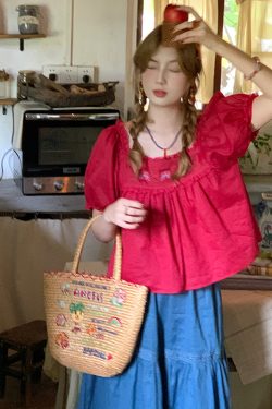 Retro Embroidered Square Neck Puff Sleeve Top and Women's Summer Ramie Half Skirt Set - Vintage Style Outfit