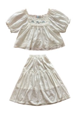 Retro Embroidered Square Neck Puff Sleeve Top and Women's Summer Ramie Half Skirt Set - Vintage Style Outfit