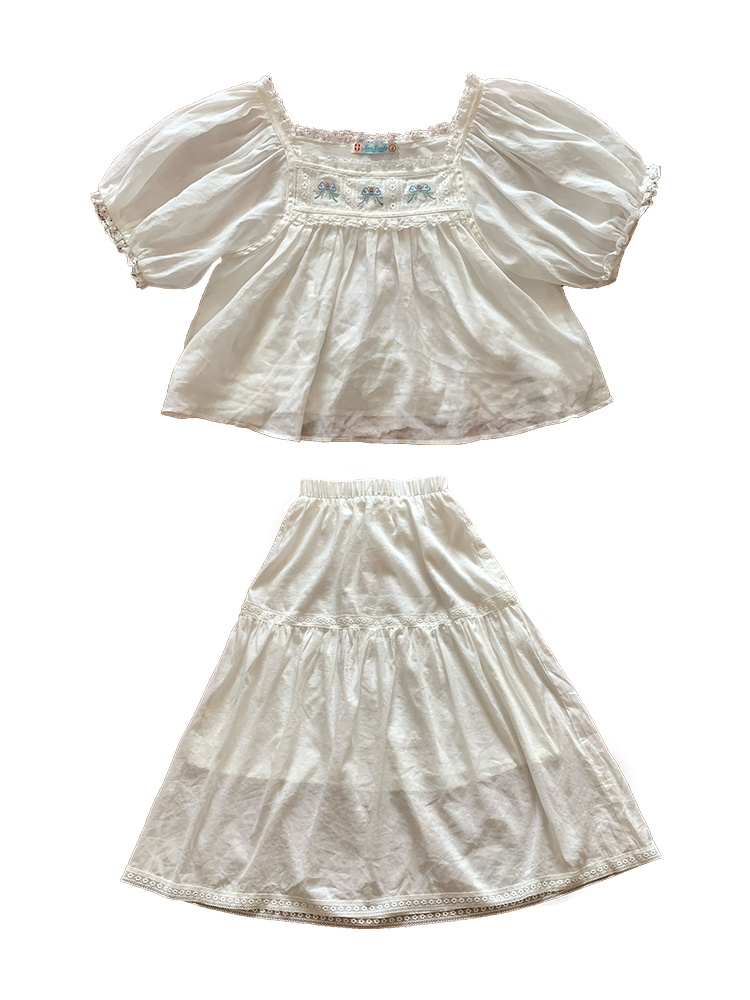 Retro Embroidered Square Neck Puff Sleeve Top and Women's Summer Ramie Half Skirt Set - Vintage Style Outfit Retro Embroidered Square Neck Puff Sleeve Top and Women's Summer Ramie Half Skirt Set - Vintage Style Outfit