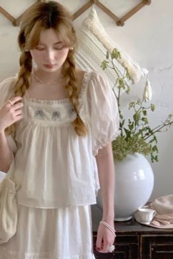 Retro Embroidered Square Neck Puff Sleeve Top and Women's Summer Ramie Half Skirt Set - Vintage Style Outfit