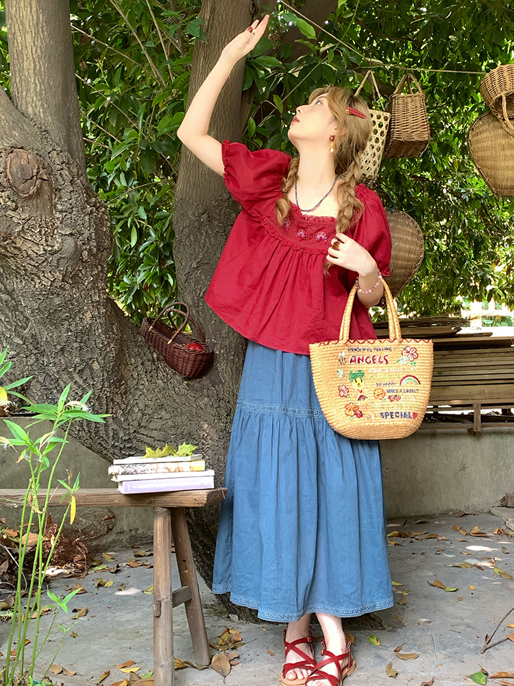 Retro Embroidered Square Neck Puff Sleeve Top and Women's Summer Ramie Half Skirt Set - Vintage Style Outfit Retro Embroidered Square Neck Puff Sleeve Top and Women's Summer Ramie Half Skirt Set - Vintage Style Outfit