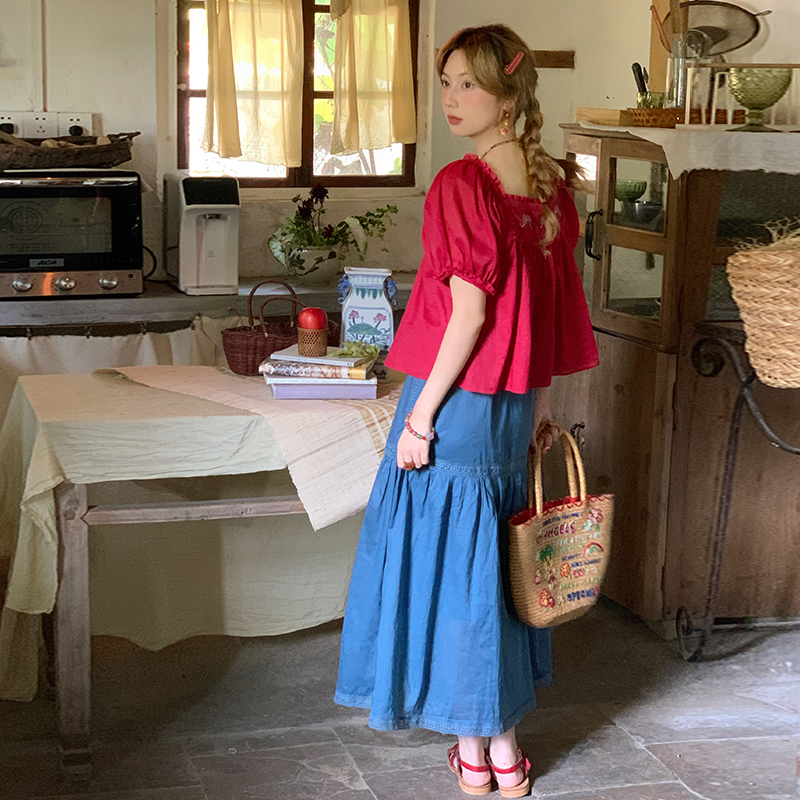 Retro Embroidered Square Neck Puff Sleeve Top and Women's Summer Ramie Half Skirt Set - Vintage Style Outfit Retro Embroidered Square Neck Puff Sleeve Top and Women's Summer Ramie Half Skirt Set - Vintage Style Outfit