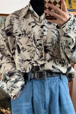 Retro Floral Long Sleeve Shirt - Handmade Watercolor Design, Autumn Style, Loose Fit, Versatile High-End Fashion