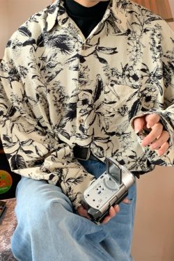 Retro Floral Long Sleeve Shirt - Handmade Watercolor Design, Autumn Style, Loose Fit, Versatile High-End Fashion