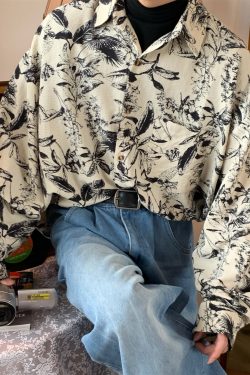 Retro Floral Long Sleeve Shirt - Handmade Watercolor Design, Autumn Style, Loose Fit, Versatile High-End Fashion