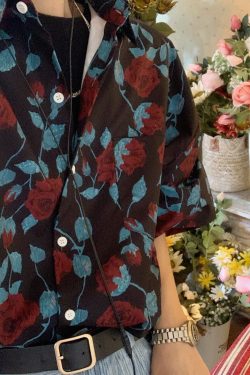 Retro Floral Rose Print Short Sleeve Shirt - Handmade Summer Fashion in Hong Kong Style, Perfect for Young Trendsetters