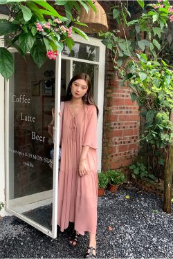 Retro Floral V-Neck Chiffon Dress for Women - Summer Loose Mid-Sleeve Flared Skirt, Vintage Style, Perfect for 90s and Y2K Fashion