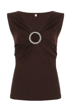 Retro French Low V-Neck Round Ring Button Vest Women's Ethnic Style Pleated Slimming Brown Top for Y2K Fashion Lovers