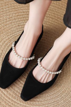 Retro French Pearl One-Strap Square Toe Mary Jane Shoes for Women - Italian Style Shallow Mouth Flats