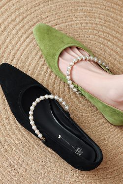 Retro French Pearl One-Strap Square Toe Mary Jane Shoes for Women - Italian Style Shallow Mouth Flats