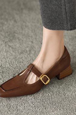 Retro Genuine Leather Mary Jane Flats for Women - Square Toe, Mid-Chunky Heel, Versatile 2025 Y2K Style Loafers