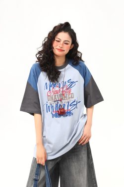 Retro Graffiti Letter Color-Blocking Raglan Short-Sleeve T-Shirt for Women - Unique American 90s Style Graphic Tee