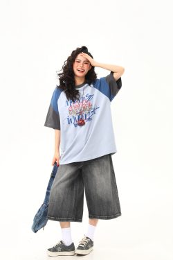 Retro Graffiti Letter Color-Blocking Raglan Short-Sleeve T-Shirt for Women - Unique American 90s Style Graphic Tee