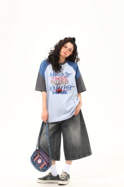 Retro Graffiti Letter Color-Blocking Raglan Short-Sleeve T-Shirt for Women - Unique American 90s Style Graphic Tee