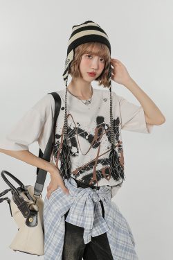 Retro Graffiti Print Round Neck Short Sleeve T-Shirt for Women - Loose Slim Fit Summer Street Style Top