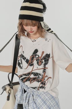 Retro Graffiti Print Round Neck Short Sleeve T-Shirt for Women - Loose Slim Fit Summer Street Style Top