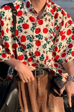 Retro Hawaiian Rose Print Short Sleeve Shirt - Vintage Couple Top in Hong Kong Style for Summer Beach Vibes