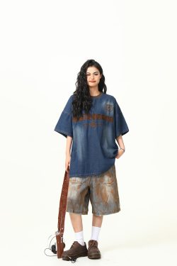 Retro Heavy Embroidery Washed Denim Short Sleeve T-shirt for Men and Women - Loose Fit Summer Style