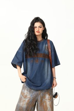Retro Heavy Embroidery Washed Denim Short Sleeve T-shirt for Men and Women - Loose Fit Summer Style