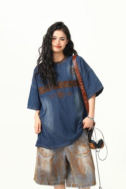 Retro Heavy Embroidery Washed Denim Short Sleeve T-shirt for Men and Women - Loose Fit Summer Style