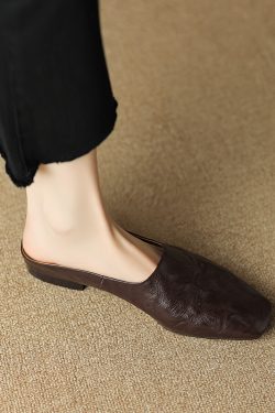 Retro High-End Genuine Leather Open-Toe Half Slippers - Square Toe Flat Mules for Y2K and 90s Inspired Style