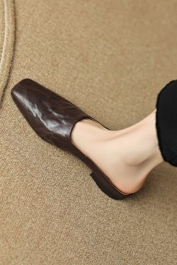 Retro High-End Genuine Leather Open-Toe Half Slippers - Square Toe Flat Mules for Y2K and 90s Inspired Style