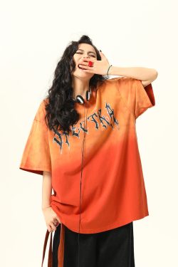 Retro High Street Washed Gradient Letter Short-Sleeve T-Shirt for Men and Women - Trendy Summer Couple Tee